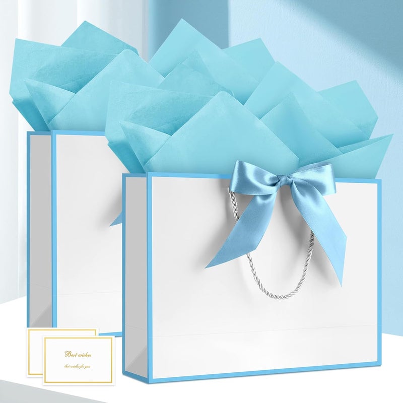 JMANNI 1PCS Large Gift Bag with Ribbon and 1 Greeting Card 2 Tissue Papers, Portable Paper Gift Bag with Handles, Birthday Present Bags for Wedding Party,Mothers Day12.6" x 9.8" x 3.9"(White-Blue - Image 2